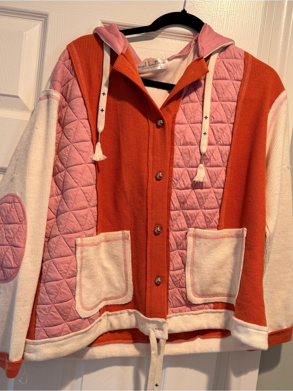 Colorblock Quilted Hooded Bomber Jacket in Pink, Orange & Cream - Picture 2 of 5